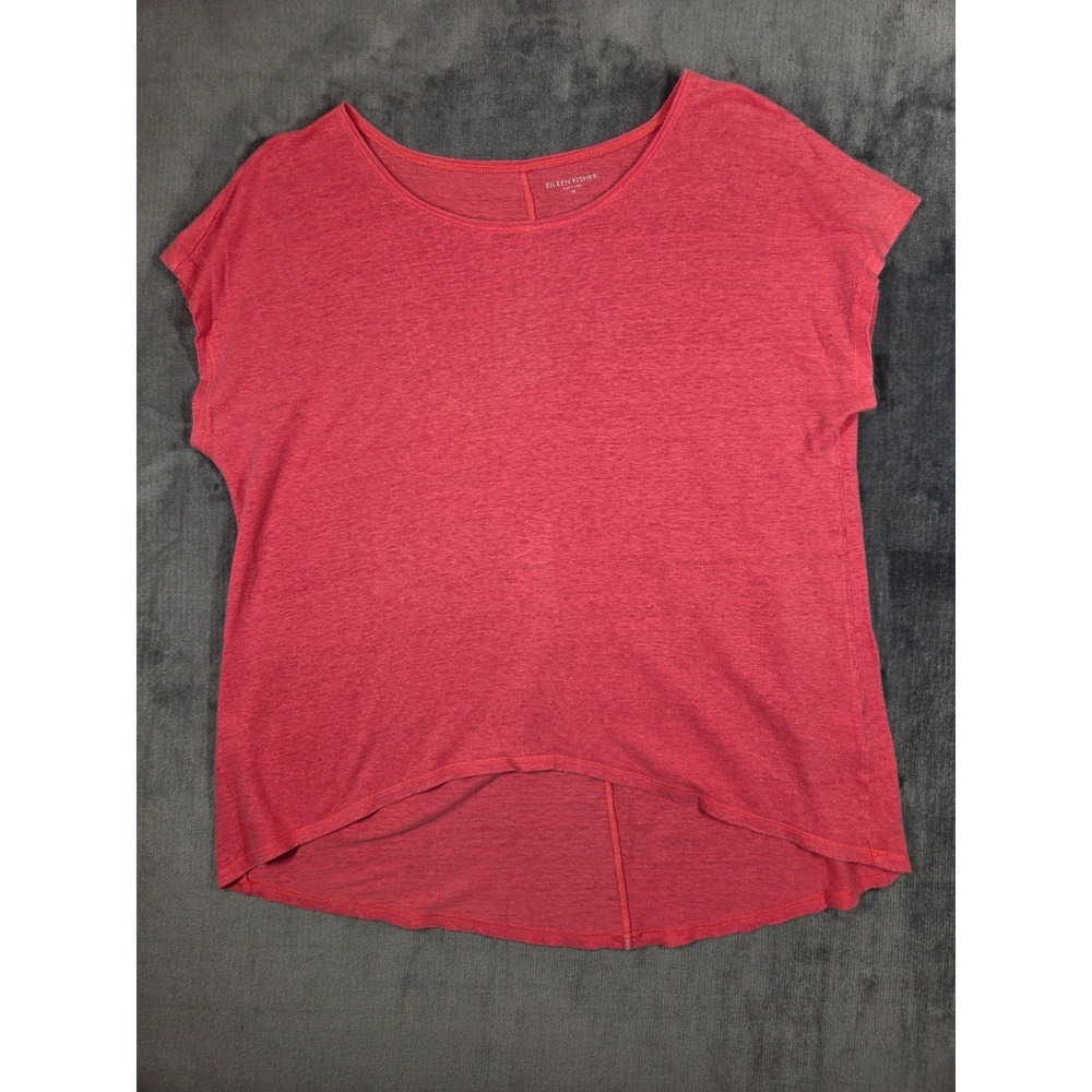 Eileen Fisher Top Womens Sz M Red 100% Linen Scoop Neck High Low Cap Sleeve